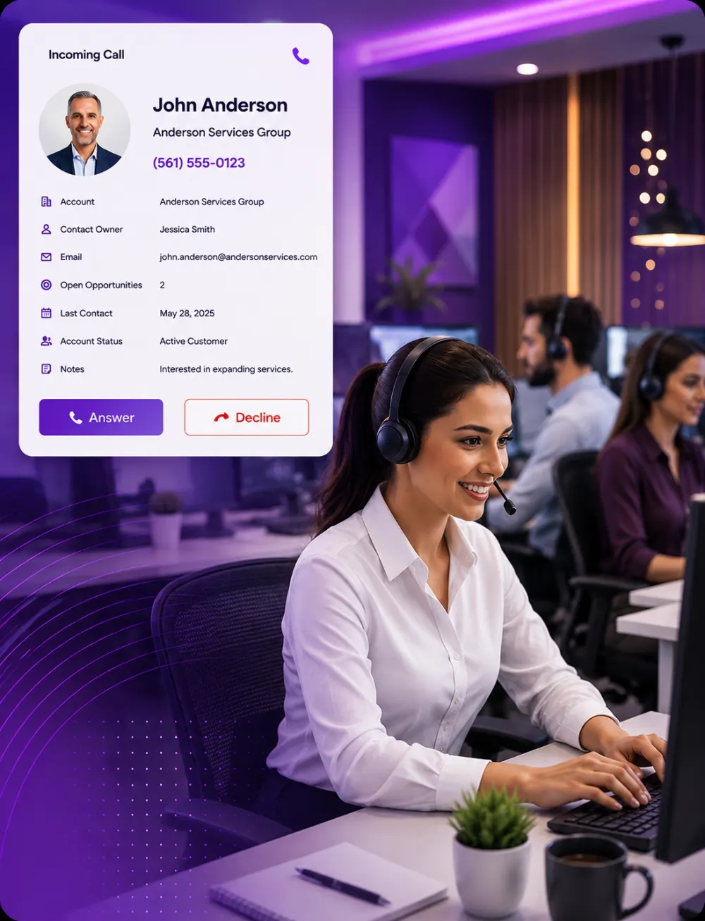 Agent viewing an incoming call popup matched to a CRM contact while an AI Agent assists