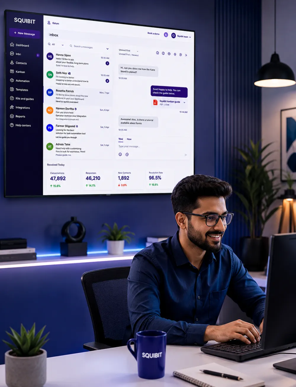 Agent viewing the SQUIBIT UC AI Agent inbox and conversation analytics dashboard