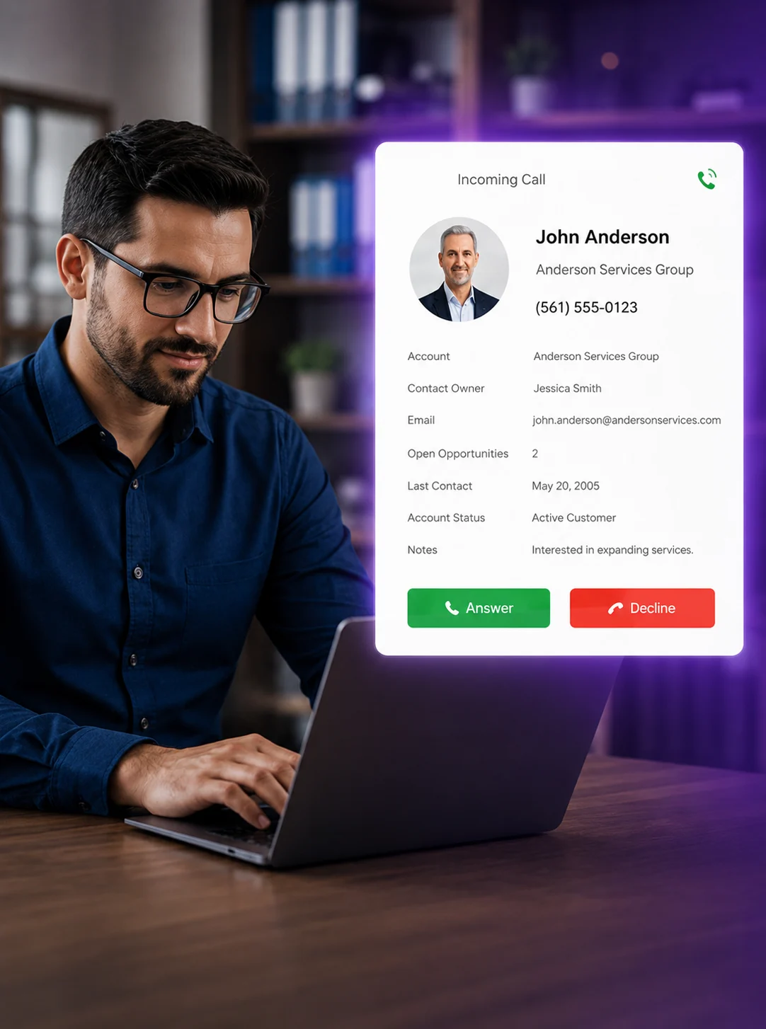 Business professional taking an incoming call with SQUIBIT UC